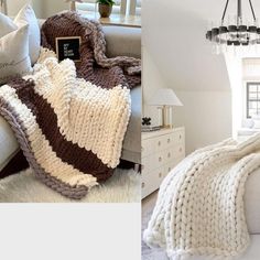 two pictures of a bedroom with white furniture and blankets on the bed, next to a chandelier