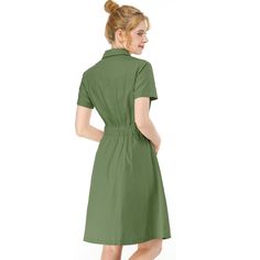 The casual, elegant look of this pretty dress will keep you looking great all the time. The short-sleeve shirt dress is cut with a relaxed silhouette and features a drawstring to cinch in the waist and plenty of practical pockets. Pair it with ankle boots or heels for a chic silhouette. Perfect for spring, summer, and autumn, and it is also suitable for any occasion. Casual Midi Length Short Sleeve Dress For Work, Casual Short Sleeve Midi Dress For Work, Casual Half Sleeve Shirt Dress, Collared Short Sleeve Dress For Summer Workwear, Casual Short Sleeve Knee-length Dress For Daywear, Casual Knee-length Short Sleeve Dress For Daywear, Casual Short Sleeve Summer Dress For Work, Casual Shirt Dress With Short Sleeves, Casual Solid Shirt Dress With Short Sleeves