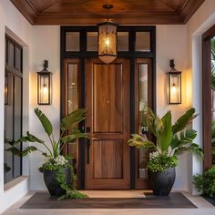 a wooden door with two large planters on the front steps and sidelights above it