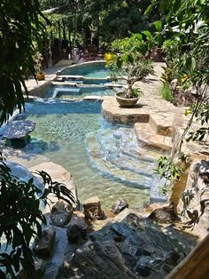 an outdoor swimming pool surrounded by trees and rocks