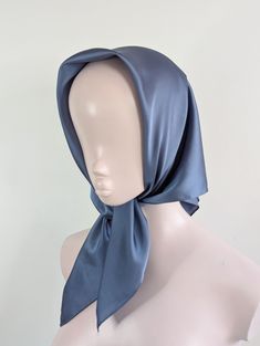 Blue satin headscarf Luxury modern bohemian satin headscarf. This is made from a soft synthetic blend satin fabric. The fabric is luxurious and lightweight. This scarf is versatile and can be worn in many ways around the neck or head. It is large enough to be tied around the head to give full coverage, or to be draped around the neck.  This is a square scarf that can be folded to create the triangle look, or wrapped up and tied in a knot to be worn as a headband. Style: Head scarf Measurements: Silky Head Scarf, Elegant One-size Headscarf As Gift, Elegant One Size Headscarf For Gift, Elegant Silk Headscarf As Gift, Elegant Silk Headscarf For Gift, Elegant Silk Headscarf For Summer, Elegant One Size Bandana Headband, Elegant One Size Headband Bandana, Elegant Headband Style Bandana