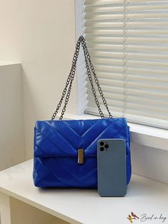 BirdinBag - Blue Stitching Leisure Chain Shoulder Bag - Fashionable and Elegant Design Blue Rectangular Bag With Chain Detail, Blue Rectangular Bag With Chain, Blue Rectangular Bags With Chain, Chic Blue Bag With Chain, Trendy Blue Bag With Chain Detail, Chic Blue Bag With Chain Detail, Blue Square Bag With Chain Strap, Chic Blue Chain Bag, Blue Rectangular Bag With Chain Strap