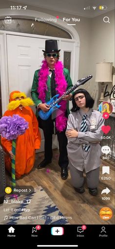 two people dressed up in costumes standing next to each other with guitars and bassinets