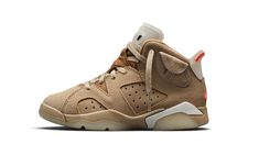 The Travis Scott x Air Jordan 6 PS “British Khaki” is the preschool sizing of the hip-hop star’s second edition of Michael Jordan’s sixth signature shoe.  From Spring 2021, Travis Scott’s extremely hyped Jordan 6 “British Khaki” succeeds the military inspired “Cactus Jack” colorway produced by Scott and Jordan Brand in 2019.  The upper on the “British Khaki” features a monochromatic brown suede construction.  An orange embroidered Jumpman is embroidered onto the dark brown canvas tongue.  Like S Jordan 6 British Khaki, Jordan Travis Scott, Air Jordan 6 Retro, British Khaki, Nike Air Jordan 6, Slip Resistant Shoes, Jordan 6 Retro, Nike Models, Cactus Jack