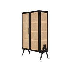 a black and brown cabinet with wicker panels on it's sides, against a white background