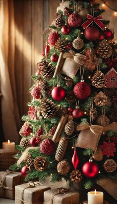 Fashion: #fashion, #style, #outfitinspiration, #beauty Christmas Tree Ideas With Burlap, Christmas Red Tree Ideas, Red Brown Cream Christmas Tree, Christmas Tree With Pinecones Decoration, Red And Wood Christmas Tree, Christmas Tree Wooden Ornaments, Cozy Red Christmas Aesthetic, Christmas Tree Natural Rustic, Red Brown Christmas Decor