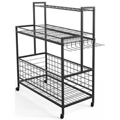 a metal rack with three baskets on it's sides and one shelf attached to the back