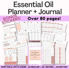 the printable life planner and journal bundle is shown with text that reads, essential oil life planner + journal stickers over 80 pages