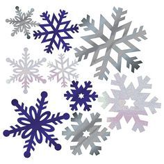 several snowflakes are shown in different colors and shapes on a white background,