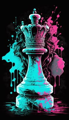 a colorful chess piece with paint splatters on it