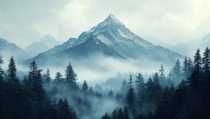 the mountains are covered in fog and trees