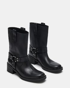 SPARROW Black Leather Moto Boot | Women's Booties �– Steve Madden Fsu Gameday Outfit, Black Moto Boots, Women's Booties, Engineer Boots, Steve Madden Store, Simple Shoes, Steve Madden Boots, Leather Moto, Moto Boots