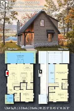 the floor plan for a small cabin house with lofts and an open living area