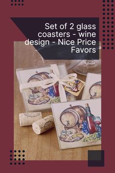 three coasters with wine designs on them sitting on a table next to corks