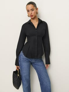 Buttoned up. Shop the Becker Shirt from Reformation, a long-sleeve top with a collared neckline, button front, and tailored waist. Autumn Color Season, Vietnam Tailor, Longhorn Steakhouse, Shopping List Clothes, Rectangle Body Shape, Business Casual Top, Black Button Up Shirt, Work Wear Outfits, Woman Suit