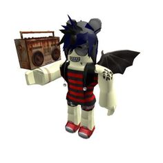 a cartoon character holding a boombox and bat wings in his hand, while standing next to an old radio