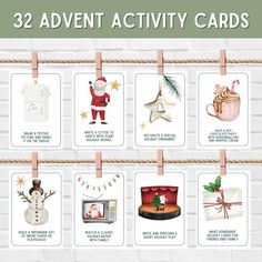 the twelve days of christmas cards are hanging on a rope with clothes pins and magnets