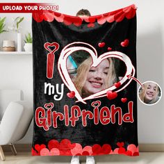 a black and red blanket with an i love my girlfriend photo on it