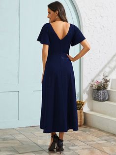 This Dress is fashionable for every occasion. the dress is made-to-order by professional tailors. You can choose from 50 colors, Regular sizes 2 to 16 and plus sizes 14w to 26W. Custom size is also available. Elegant Formal V-neck Dress With Ruffles, Elegant Short Sleeve Sequin Evening Dress, Blue V-neck Short Sleeve Dress For Party, Elegant Blue V-neck Dress For Evening, Fitted Flutter Sleeve Dress For Wedding Guest, Elegant Sequined V-neck Dress For Prom, Elegant V-neck Sequin Dress For Prom, Elegant Sequined V-neck Prom Dress, Short Sleeve V-neck Dress With Ruffles For Parties