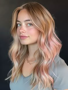 A strawberry blonde balayage offers a subtle nod to rose gold tones by integrating soft pink and blonde highlights. This technique is great for adding dimension and warmth to your hair, making it a fantastic summer and spring choice. It works best on lighter hair and complements fair to medium complexions beautifully. Peach Balayage Hair, Blond And Rose Gold Hair, Blonde Highlights With Rose Gold, Blonde Hair With Pink Tone, Rose Gold Toner Hair, Blonde With Rose Gold Highlights, Blonde Hair With Rose Gold Underneath, Rose Gold Highlights Blonde, Blonde Balayage With Pink