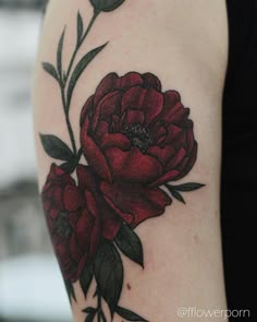 a woman's arm with red flowers and leaves tattooed on the side of her body