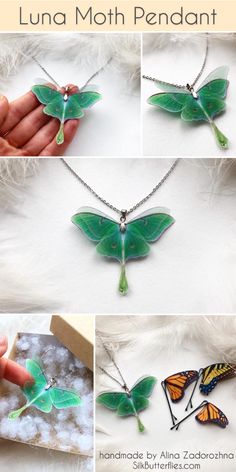 Handmade Silk Butterfly with 3D wings Luna Moth Pendant❤️ #lunamoth #silkbutterfly #lunamothjewelry #lunamothpendant #alinazadorozhna #pendant #butterflynecklace #lunamothnecklace Nature-inspired Necklace With Butterfly Charm, Handmade Whimsical Butterfly Necklace, Whimsical Handmade Butterfly Necklace, Handmade Green Butterfly Necklace, Unique Handmade Butterfly Necklace, Handmade Bohemian Butterfly Necklace As Gift, Green Butterfly Jewelry For Gifts, Green Butterfly Jewelry For Gift, Green Butterfly Nature-inspired Jewelry