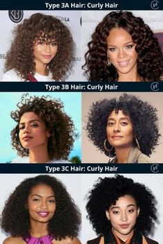 Type 3A: 3a hair type is the first category on the spectrum of curly hairs and another to be mistaken as wavy. This hair type holds distinctive curls usually arranged in a loose pattern. The texture of the hair is fine and thinner than 3b and 3c. Type 3B: Think of smaller S-shaped curls; this hair type features medium thickness and ringlets of bouncy curls. It is often fuller and has a higher density than 3a hair type. In some cases, you may have different curl patterns running through the hair. Type 3C: Here is the thick end of the type 3 spectrum. 3c hair is thick and coarse, with tighter curls or ringlets. The curved shape is very much defined and more so when damp.  Learn more! dentalhairclinicturkey.com Pattern Curly Hair Products, Type 3b Hair, 3a Hair Type, 2c 3a Curly Hair, Type 3 Curly Hair, 2c 3a Hair, Different Curl Patterns, 3 Curly Hair, 3c Hair Type