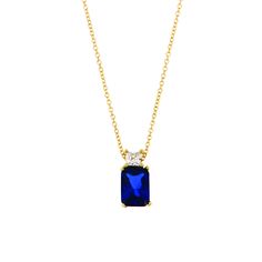 14ct solid gold blue zircon stone necklace, is a classic addition to your jewelry collection. This exquisite necklace features a beautifully baguette cut blue stone as a centerpiece above a square shaped clear zircon. The 14k gold chain adds a touch of elegance and sophistication, making it the perfect accessory for any occasion such as wedding, receptions, birthday or anniversary . Gift wrap is available for free! Classic Blue Diamond Necklace With 17 Jewels, Classic Blue Diamond Necklace With Diamond Cut, Classic Blue Diamond Cut Necklace, Classic Blue Diamond Cut Diamond Necklace, Elegant Sapphire Color Gold-plated Necklace, Elegant Sapphire Color Gold Plated Necklace, Classic Sapphire Necklaces With Prong Setting, Sapphire Pendant Necklace With Brilliant Cut, Classic Yellow Gold Sapphire Necklaces