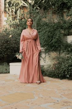 7475_rosegold Flowy Long Sleeve Satin Dress, Fall Wedding Satin Maxi Dress, Evening Long Sleeve Satin Maxi Dress, Long Sleeve Satin Finish Dress For Gala, Long Sleeve Gown For Spring Bridesmaid, Long Sleeve Dresses With Satin Finish For Gala, Long Sleeve Maxi Dress For Fall Bridesmaid, Long Sleeve Maxi Dress For Bridesmaid In Fall, Long Sleeve Blouson Wedding Dress