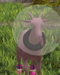 an animated goat standing in the grass with pink boots