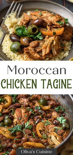 moroccan chicken tagine with olives and parsley in a skillet on the side