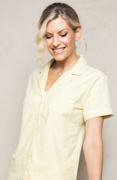 Feel cool and comfy in these woven cotton pajamas softened with gingham checks and tailored with notched lapels, smooth piping and convenient pockets. Top has notched lapels; short sleeves 100% cotton Machine wash, dry flat Imported Gingham Sleepwear With Relaxed Fit For Loungewear, Relaxed Fit Gingham Sleepwear For Loungewear, Gingham Cotton Sleepwear For Bedtime, Spring Gingham Sleepwear For Bedtime, Gingham Sleepwear For Spring Bedtime, Gingham Sleepwear For Bedtime In Spring, Spring Plaid Sleepwear, Cotton Gingham Sleepwear, Gingham Cotton Sleepwear With Relaxed Fit