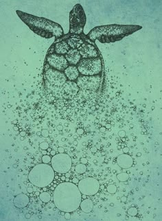 a drawing of a sea turtle with bubbles coming out of it's back end