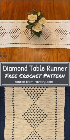 two crocheted table runners with flowers on them and the text, diamond table runner free crochet pattern