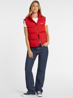 Our go-to vest for the season. This puffer vest maintains its classic shape, while boasting tonal GUESS JEANS branding and premium pocket detailing. Jeans Branding, Red Puffer Vest, Guess Jeans, Puffer Vest, Jeans Brands, Rugby, Puffer, Branding, Red