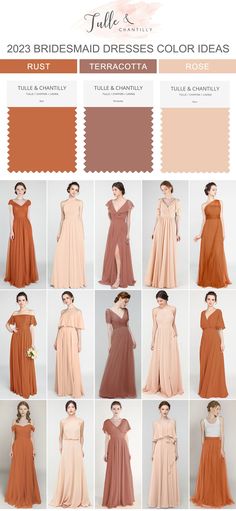 the color scheme for this bridesmaid dress is peach, brown and beige with matching colors