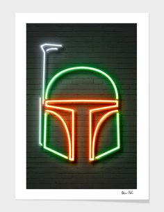 a neon sign that has a helmet on it and a light saber in the middle