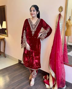 Title: Red Velvet Suit for Women and Girls / Kurti Set with Dupatta Dress for Wedding/Indian Wedding/Punjabi Wedding Description: Elevate your style at weddings and special occasions with this exquisite Red Velvet Suit. This ensemble is designed for both women and girls, ensuring a coordinated and elegant look for all. The set includes a stylish Kurti with intricate embroidery and a Dupatta, making it perfect for traditional Indian weddings, especially Punjabi weddings. Features: Material: High-quality red velvet fabric Kurti Design: Intricate embroidery and detailing Dupatta: Complements the Kurti with matching embroidery Occasion: Ideal for weddings, Indian weddings, and Punjabi weddings Size: Available in XL size for a comfortable fit This Red Velvet Suit combines classic style with mod Dresses For Wedding Indian, Punjabi Wedding Suit, Red Velvet Suit, Velvet Kurti, Velvet Suit Design, Velvet Outfit, Girls Kurti, Moti Work, Suits Online Shopping