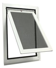 an open window on the side of a wall with a screen in front of it