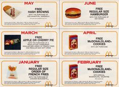 an advertisement for mcdonald's fast food, including hamburgers and fries with prices