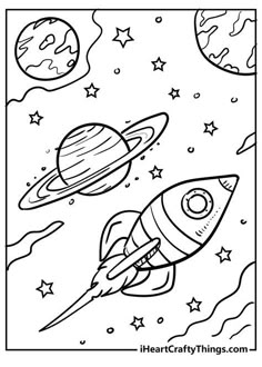 a black and white drawing of a rocket ship flying through the sky with planets around it