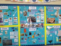 a bulletin board with pictures and magnets on the front, along with words that spell out materials