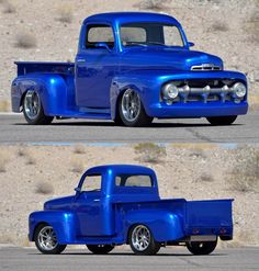 two pictures of an old blue pickup truck