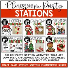 christmas themed classroom party stations for students to use in the holiday season, including games and activities