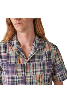 Patches of colorful plaid form an eye-catching design on this short-sleeve button-up shirt inspired by vintage workwear styles. Notched collar Short sleeves 100% cotton Machine wash, tumble dry Imported Patchwork Shorts, Vintage Workwear, Workwear Fashion, Notched Collar, Short Sleeve Button Up, Lucky Brand, Button Up Shirts, Work Wear, Button Up