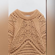 Zara Taupe Brown Wool Blend Open Knit Sweater. Size Medium Beige Pointelle Knit Sweater For Layering, Beige Pointelle Knit Crochet Top For Fall, Fall Beige Crochet Top With Pointelle Knit, Beige Crochet Top With Pointelle Knit For Fall, Beige Knit Crochet Top For Fall, Fall Beige Crochet Knit Top, Cozy Knit Crochet Top For Fall, Beige Crew Neck Crochet Top For Winter, Beige Crew Neck Crochet Top For Fall