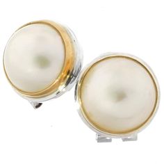 925 Sterling Silver White Mabe Pearl Gold Plated Rim Sterling Omega Stud Earrings, 5/8"    Hook Style:  Post-back Earring Material:  925 sterling silver, Vermeil gold plated Earring Size:  18mm(3/4") Earring Weight:  ~4grams/ea Pearl Type:  Cultured white mabe pearl(15mm) Ammonite Jewelry, Mabe Pearl, Pearl Types, Silver Drop Earrings, Gold Plated Earrings, Sterling Silver Studs, Sterling Silver Earrings Studs, Fine Jewellery Earrings, 925 Sterling Silver Earrings