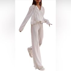 Women's 2 Piece Casual Outfits Long Sleeve Button Down Shirt And High Waist Long Pants Set Loungewear Streetwear Suits Casual Fall Sets With Collared Shape, Casual Loungewear Sets With Button Closure, Spring Button-up Loungewear Pants, Chic White Sets With Buttons, Casual Spring Button-up Pant Set, Spring Casual Button-up Pant Set, Casual Long Sleeve Pant Set For Day Out, Collared Loungewear Sets With Buttons, Trendy Button-up Loungewear Bottoms