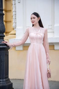 Chic Long Sleeve Banquet Evening Dress, Chic Long Sleeve Evening Dress For Banquet, Spring Evening Long Sleeve Chiffon Dress, Elegant Long Sleeve Banquet Dress, Elegant Long Sleeve Dresses For Banquet, Elegant Spring Chiffon Dress For Banquet, Elegant Wedding Guest Dresses With Sheer Sleeves, Pink Chiffon Formal Midi Dress, Feminine Long Sleeve Chiffon Midi Dress