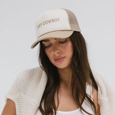 Gigi Pip trucker hats for women - Hey Cowboy Foam Trucker Hat - 100% polyester foam + mesh trucker hat with a curved brim featuring the words "hey cowboy" in a contrasting color as a design across the front panel [tan-cream] White Trucker Hat For Summer Rodeo, Summer Mesh 5-panel Trucker Hat, Casual Beige Trucker Hat For Summer, Beige 5-panel Baseball Cap For Summer, Summer Rodeo Trucker Hat With Flat Brim, Cream 5-panel Summer Hat, Summer Rodeo Truck Hat With Flat Brim, Trendy Cream Baseball Cap For Summer, Trendy Cream Summer Baseball Cap